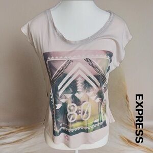 Express Women's Graphic Print Tee - Cream and Pink -